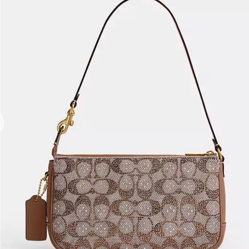 Coach Brown Signature Jacquard Shoulder Bag with Tan Trim and Gold Hardware